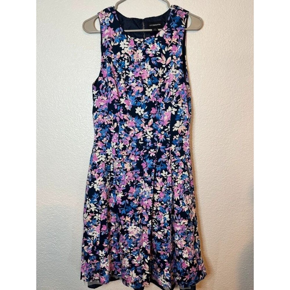 Liz Claiborne Navy Blue Pink Floral Sleeveless Fit & Flare Dress Size 12